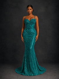 Sequin Mermaid Prom Dress with Floral Applique