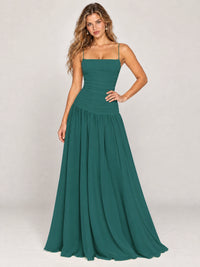 Butter Yellow Ruched Spaghetti Strap Drop-Waist Prom Dress