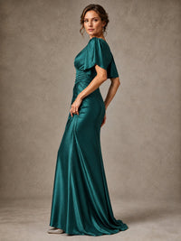 V-Neck Satin Mother of the Bride Dress with Flutter Sleeves