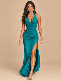 Halter V-Neck Sequin Mermaid Prom Dress with High Slit