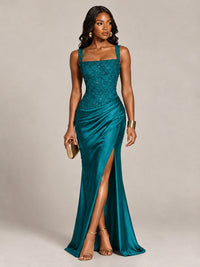Scoop Neck Sequin Prom Dress with High Slit Satin Formal Gowns