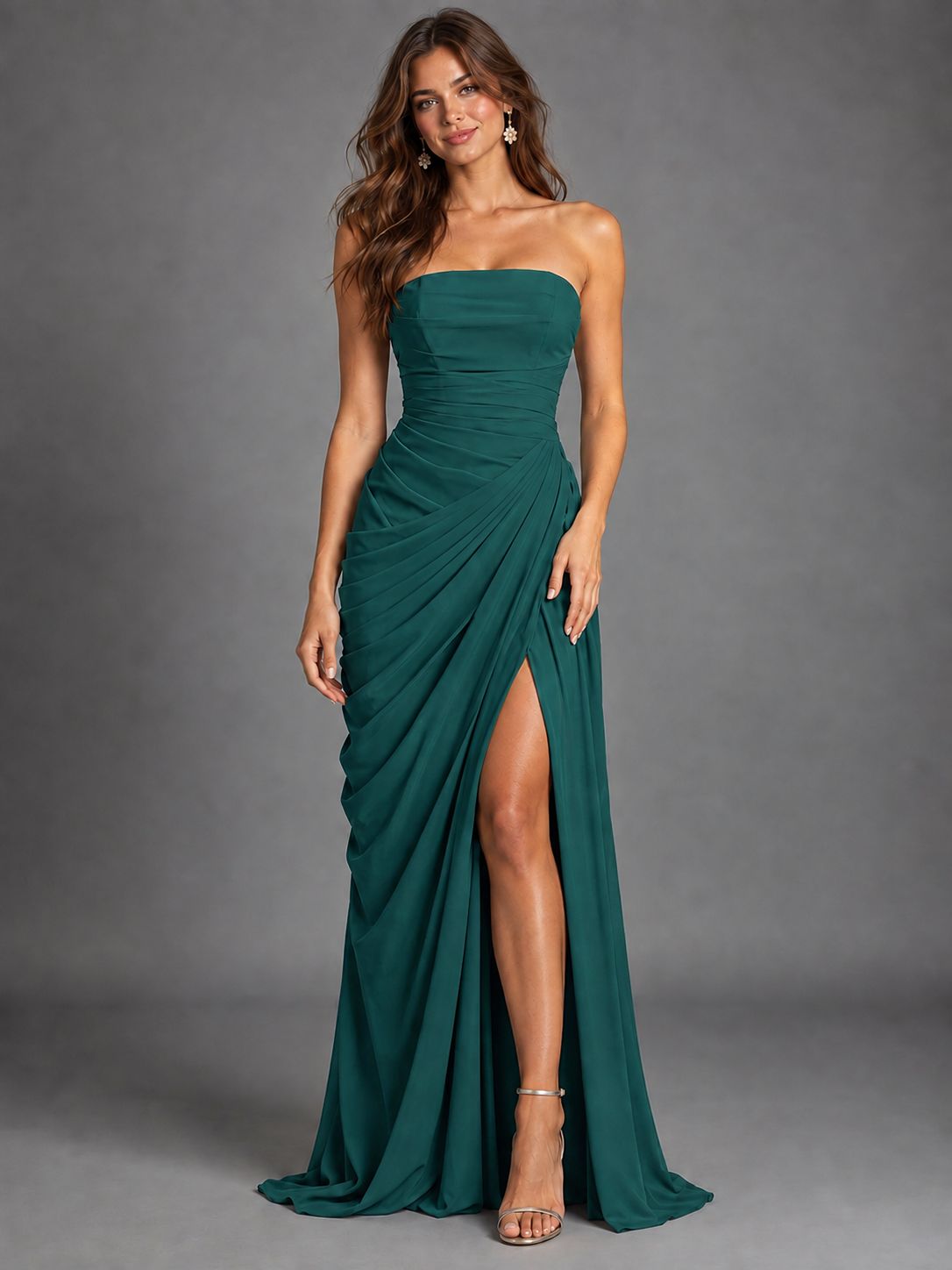 Strapless Bodycon Pleated Chiffon Formal Dress with Slit