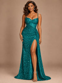 Burgundy Sequin Corset Prom Dress with High Slit