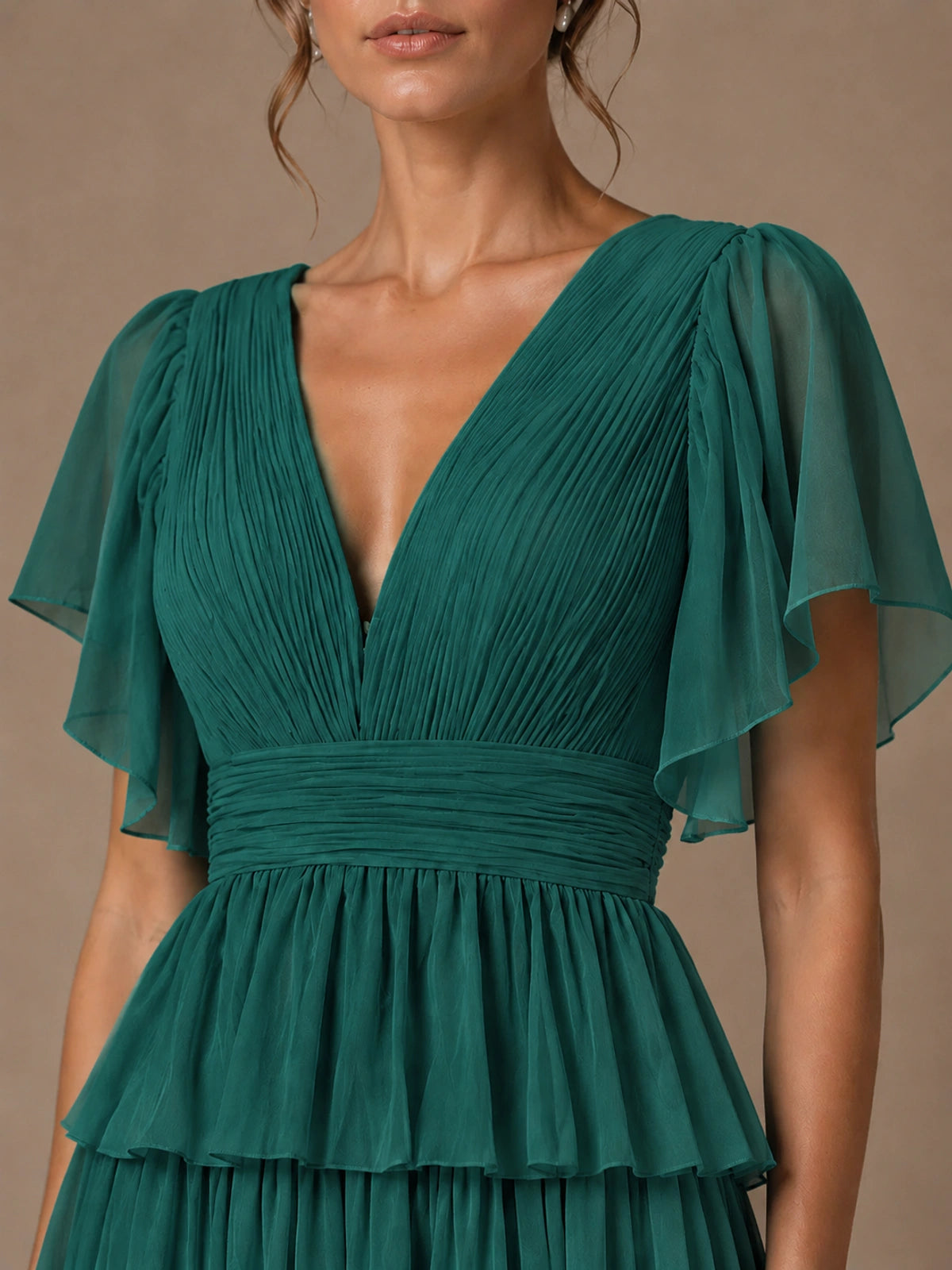 Chiffon V-Neck Tiered Ruffle Bridesmaid Dress with Slit