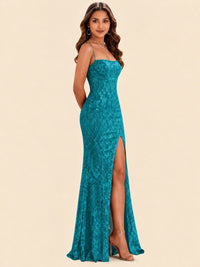 Sequin Lace Appliques Mermaid Prom Dress Spaghetti Strap Formal Gowns with Slit