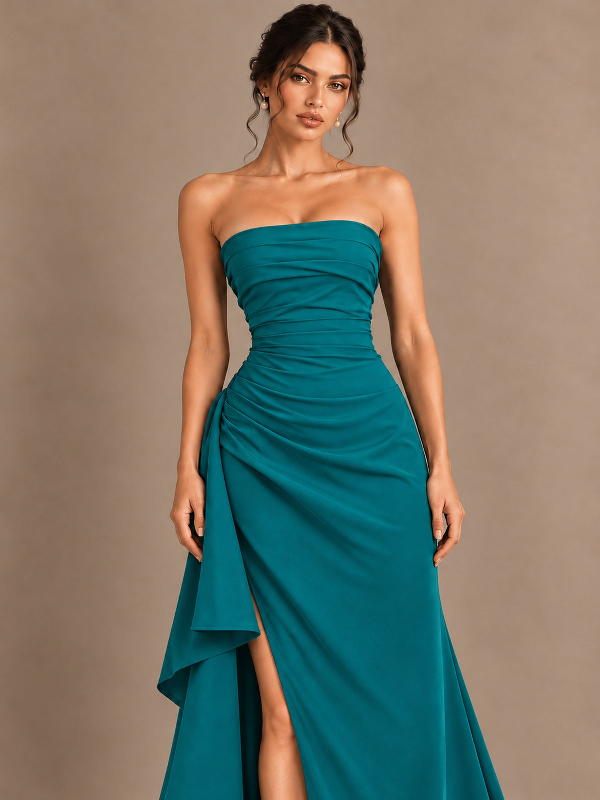 Black and White Strapless Ruched Prom Dress with High Slit & Side Drape