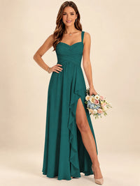 Spaghetti Straps Pleated Chiffon Bridesmaid Dress with Ruffle Slit