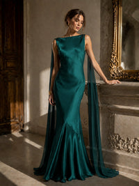 Burgundy Satin Mermaid Cape Maxi Dress
