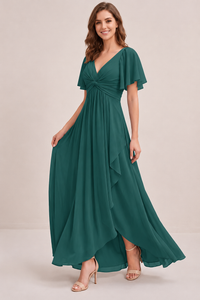 Dusty Blue Chiffon Bridesmaid Dress with Flutter Sleeves & High-Low Hem