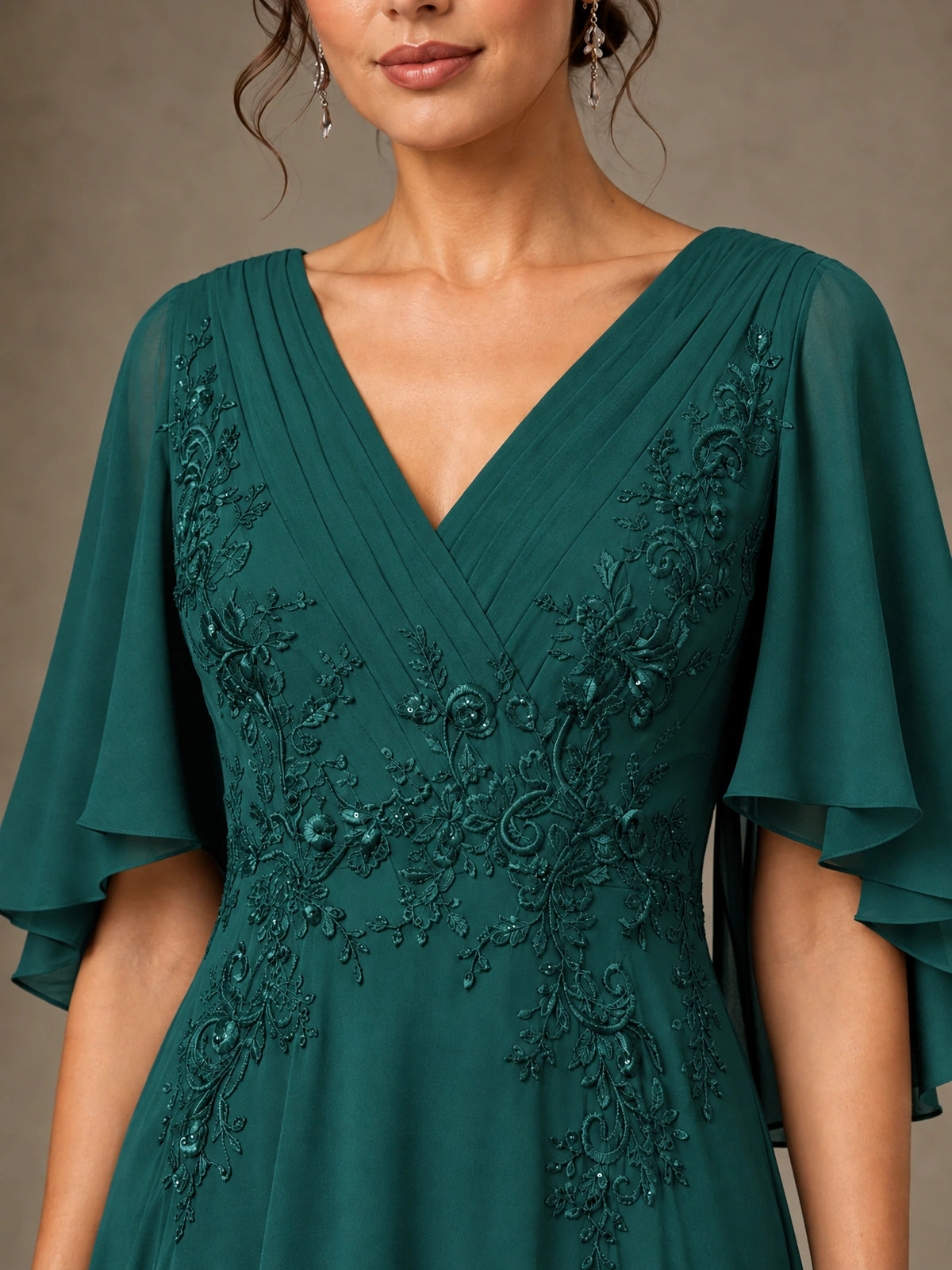 V-Neck Chiffon Lace Mother of the Bride Dress with Flutter Sleeves