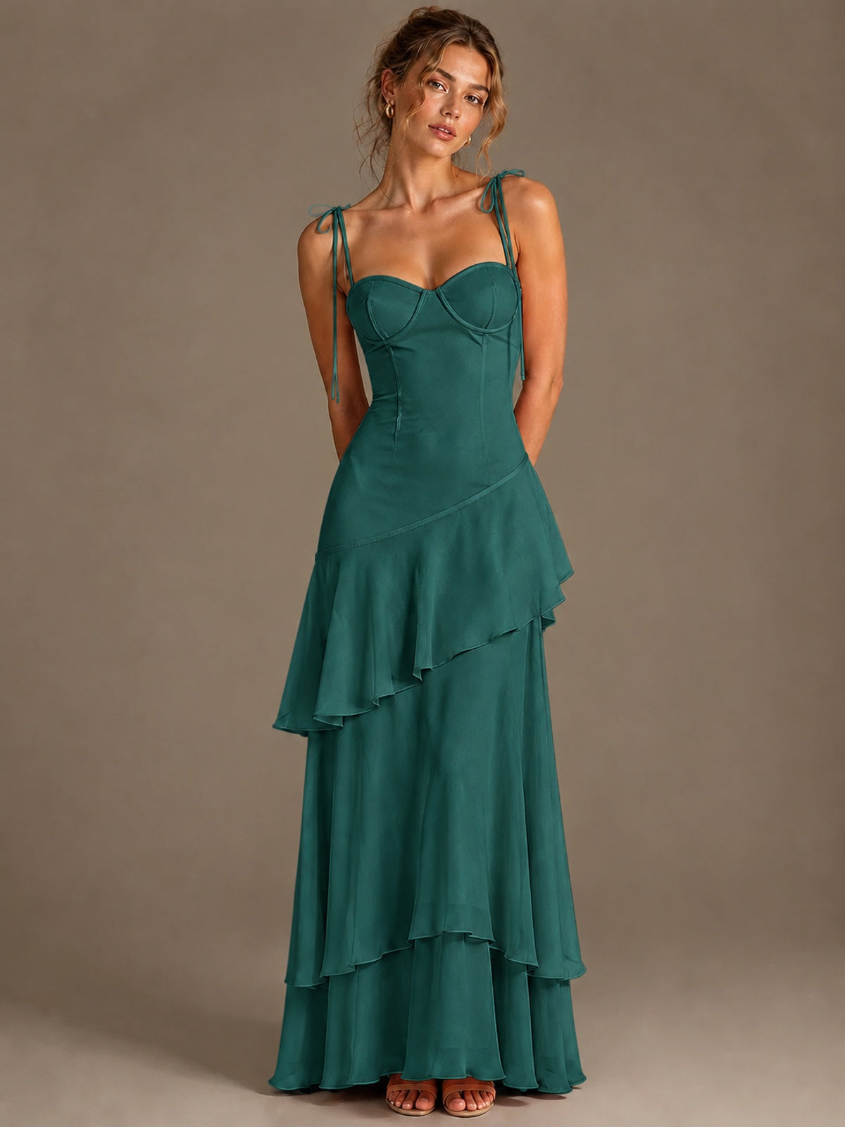 Spaghetti Strap Tiered Ruffles Chiffon Prom Dress