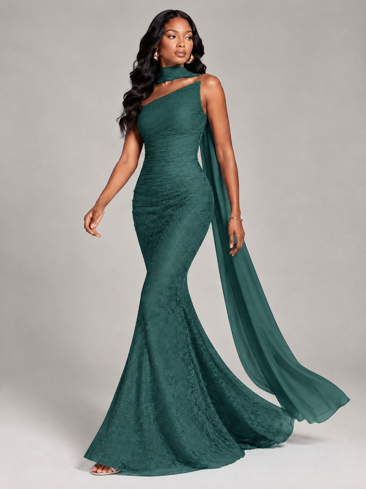 Pleated Chiffon Lace Prom Dresses Long Bodycon Mermaid with Scarf