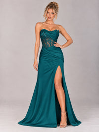 Strapless Satin Prom Dress with Sheer Lace Corset & High Slit