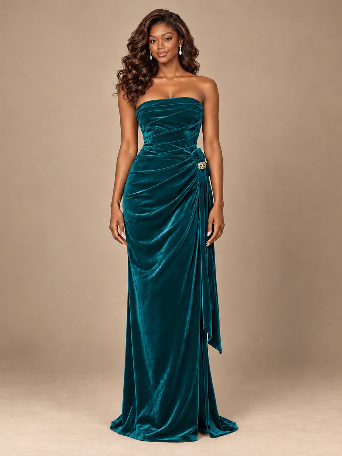 Burgundy Velvet Strapless Ruched Prom Dress with Jeweled Side Drape
