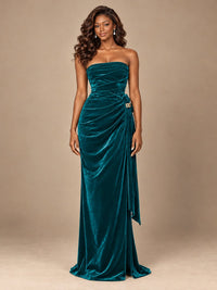 Burgundy Velvet Strapless Ruched Prom Dress with Jeweled Side Drape