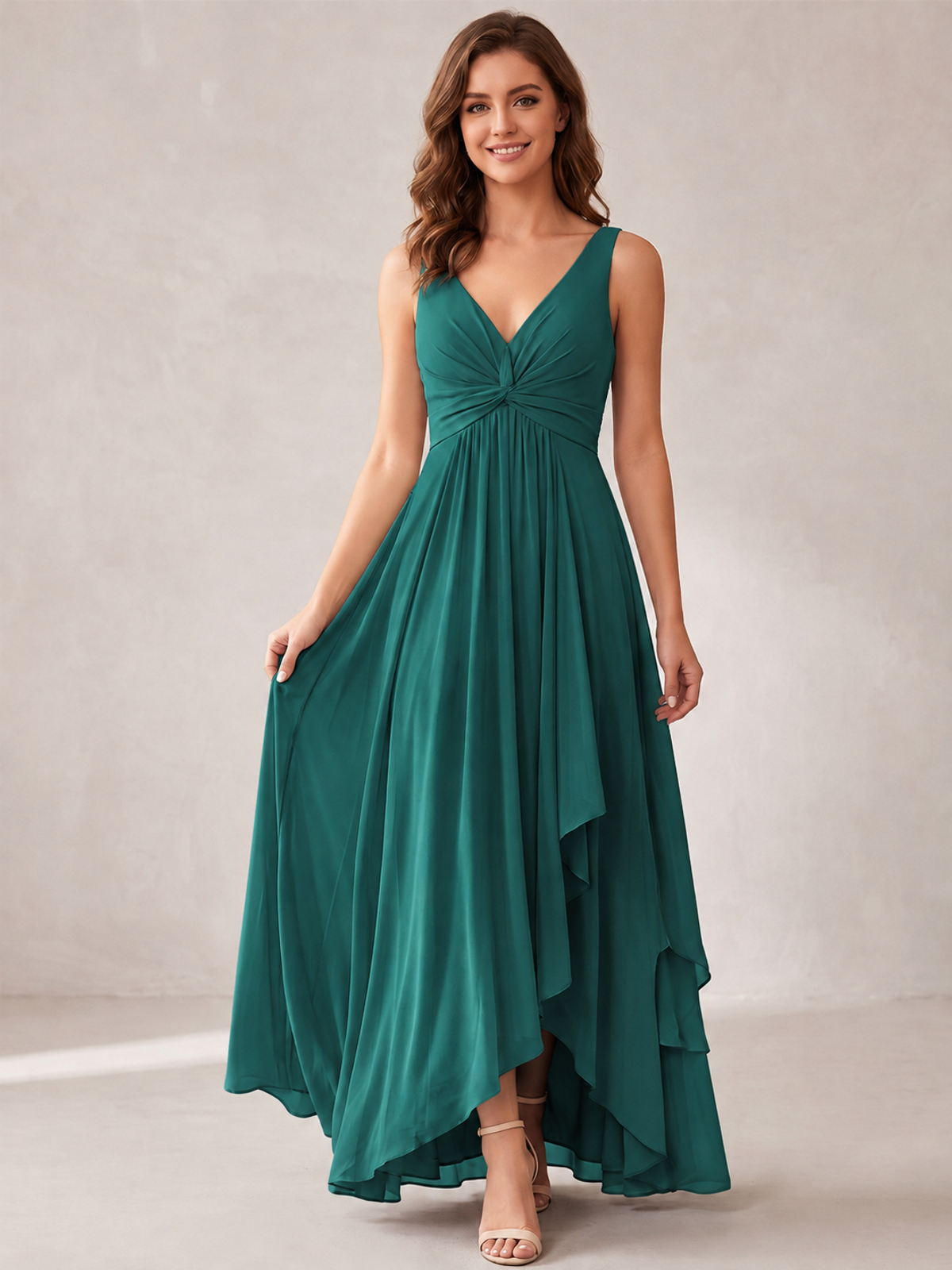 V-Neck High-Low Chiffon Bridesmaid Dress with Ruffles
