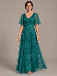 V-Neck Sequin Tulle Mother of the Bride Dress with Flutter Sleeve