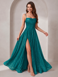Sparkly Cowl Neck Corset Long Prom Dress with Slit A-line Tulle Ball Gown