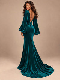 Burgundy Velvet Deep V-Neck Ruched Long Sleeve Maxi Dress