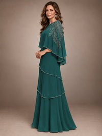 Elegant Chiffon Cape Sleeve Beaded Mother of the Bride Dress