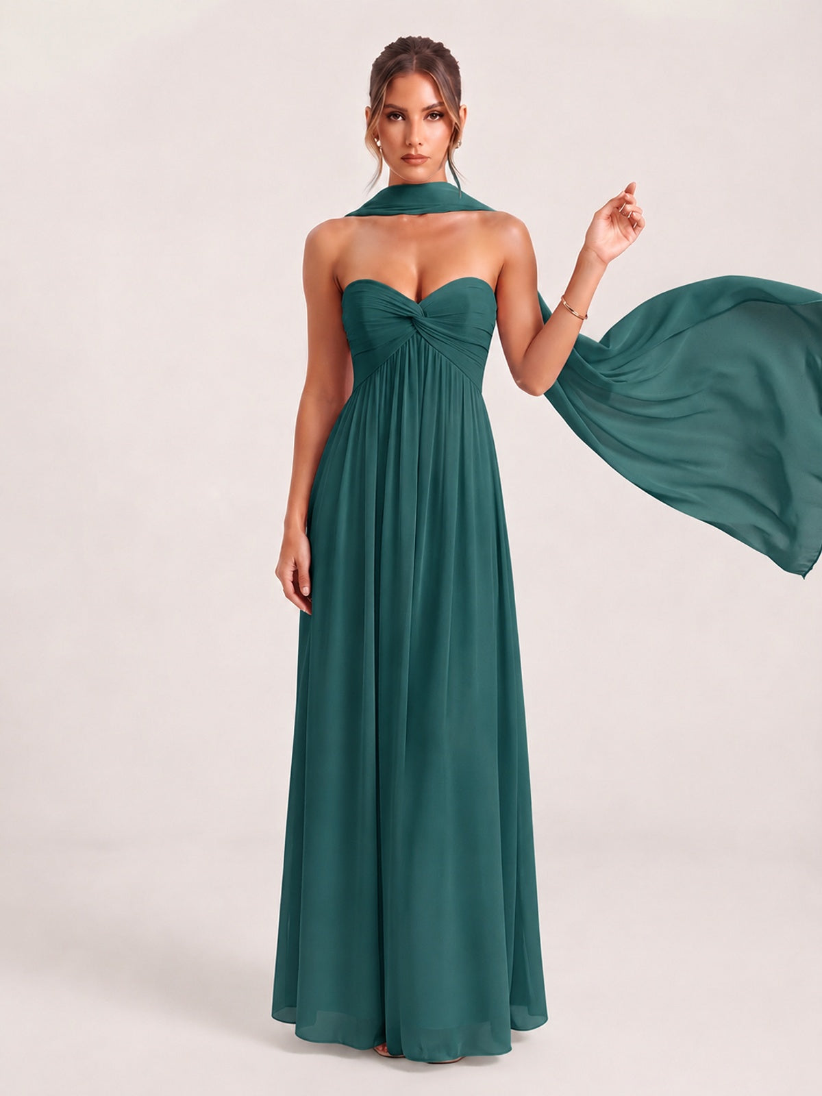 Strapless Ruched Chiffon Long Prom Dress with Scarf