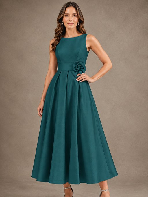 Tea-Length Satin Mother of the Bride Dress with 3D Flower Detail