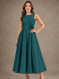 Tea-Length Satin Mother of the Bride Dress with 3D Flower Detail