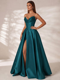 Strapless Corset Satin Prom Dress Long Evening Gown with High Slit