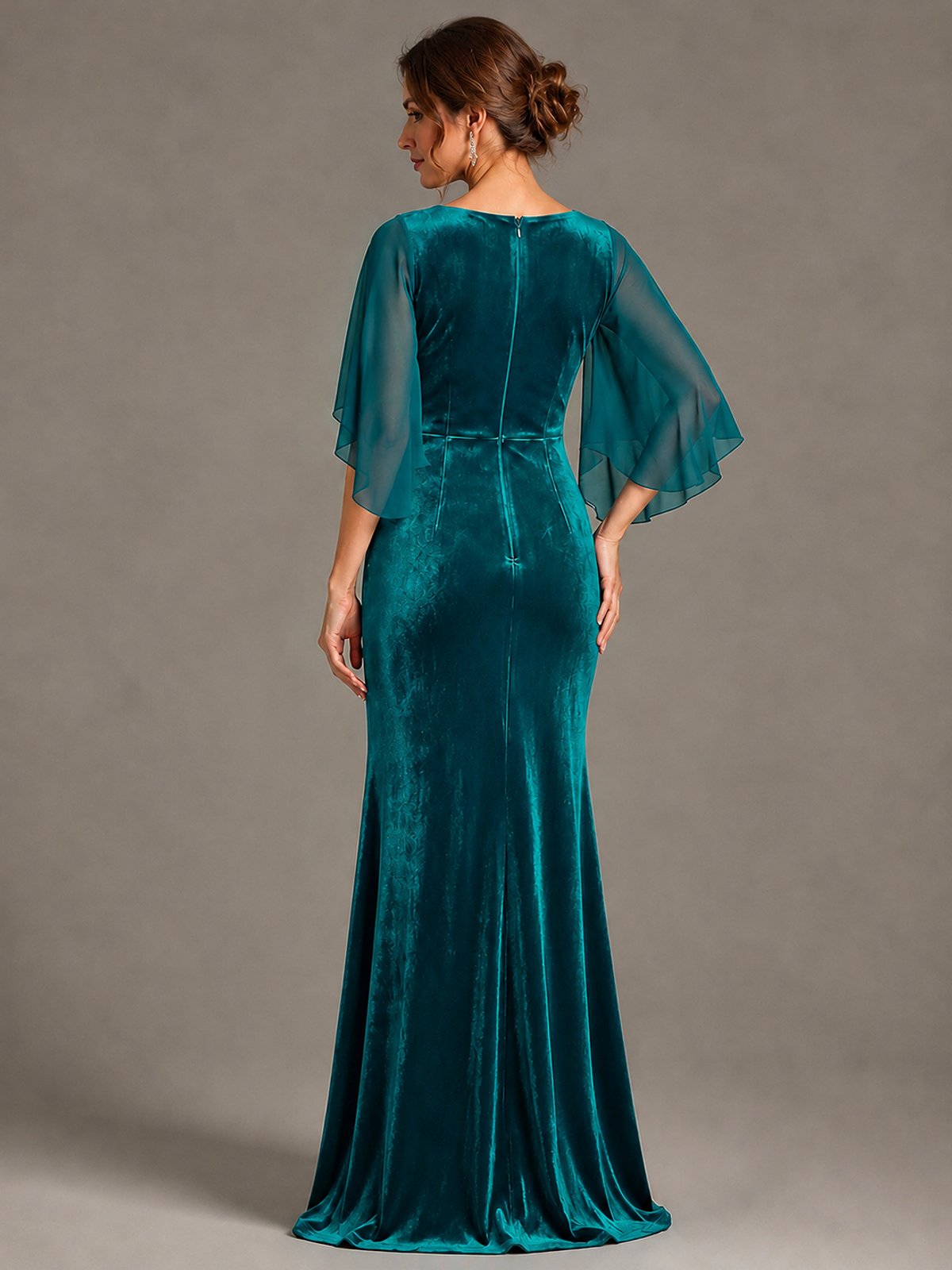 Navy Blue Velvet V Neck Mermaid Formal Dress with Flutter Cape Sleeves