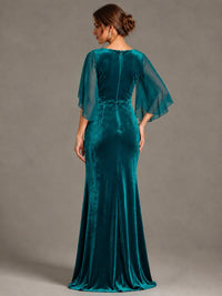 Navy Blue Velvet V Neck Mermaid Formal Dress with Flutter Cape Sleeves