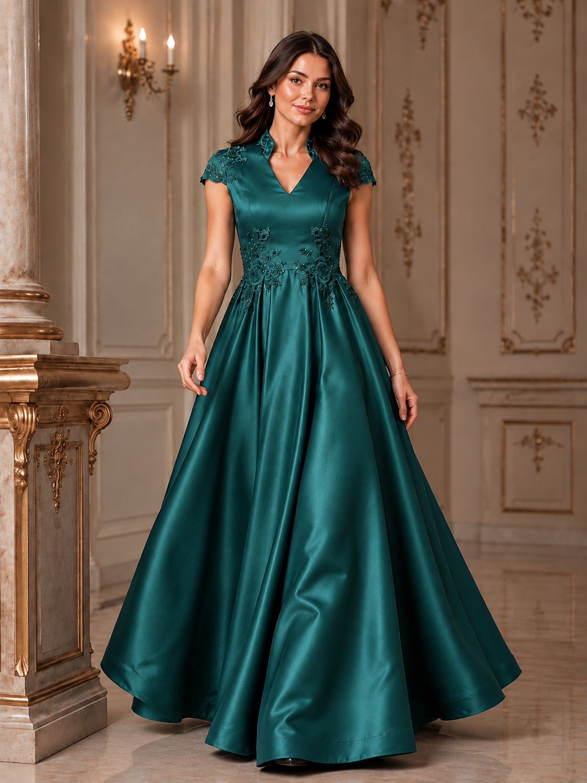 Lace Appliqué A-Line Satin Maxi Dress