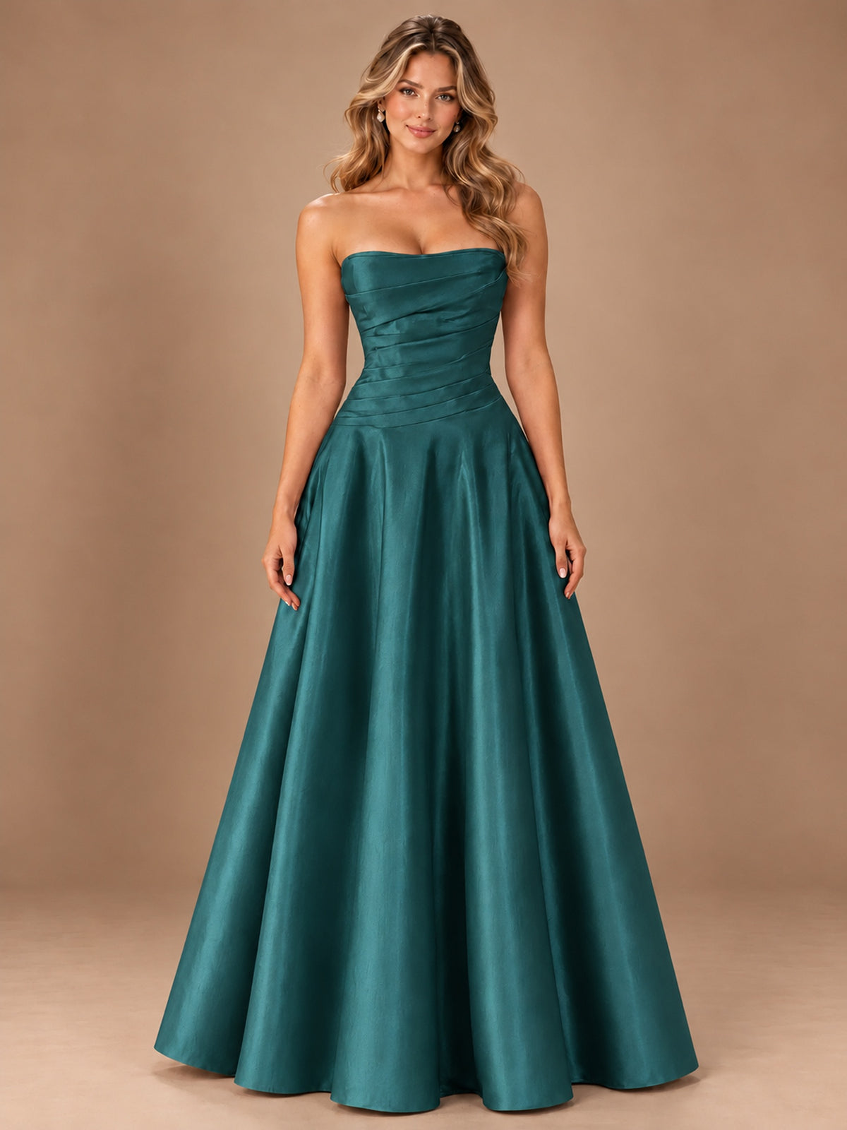 Blush Pink Strapless Satin A-Line Prom Dress with Ruched Bodice