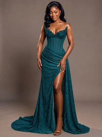 Luxury Strapless Sequin Corset Mermaid Prom Dress with High Slit & Train