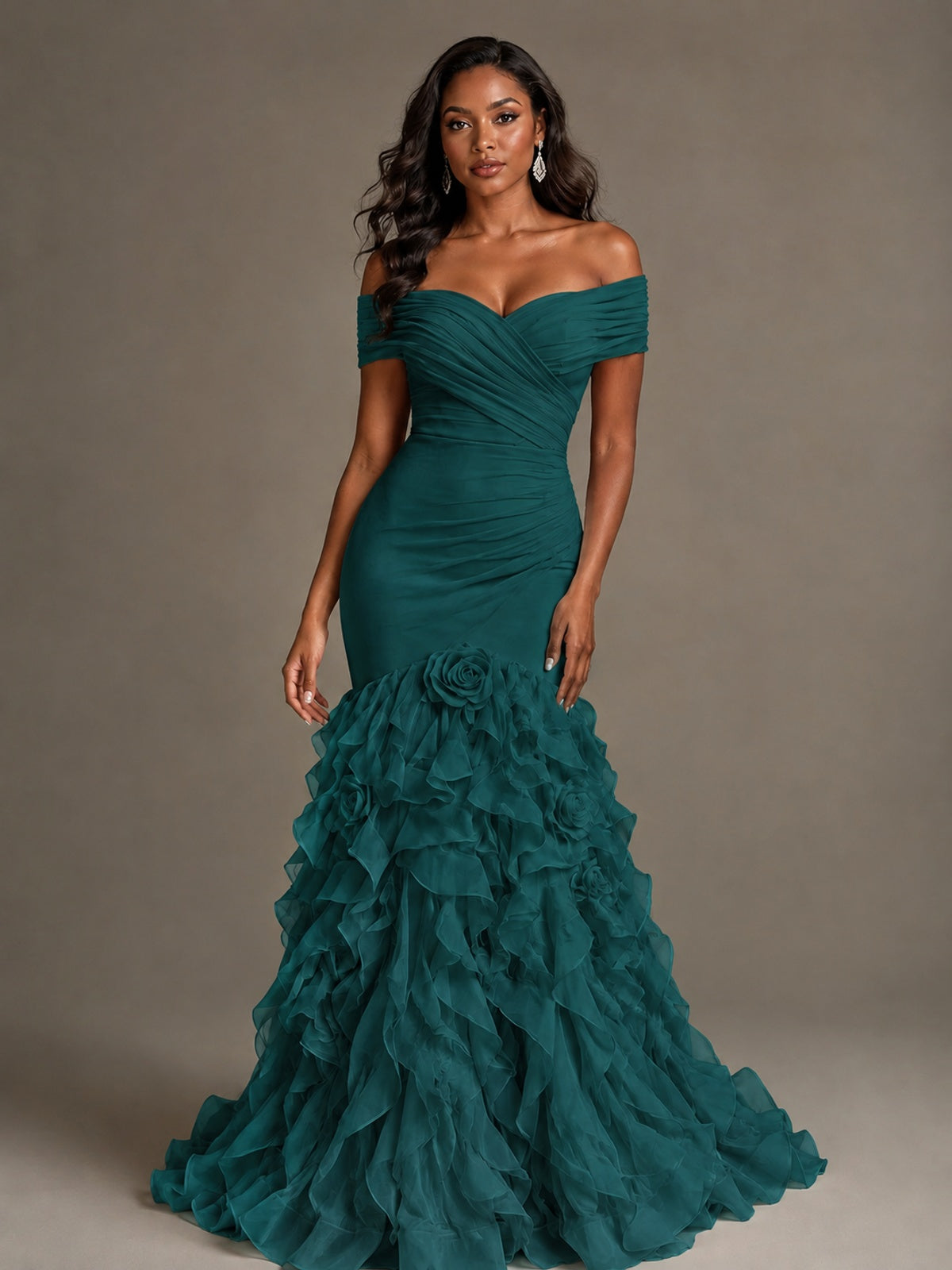Pink Off-the-Shoulder Mermaid Prom Dress with Ruffles 3D Flowers