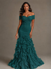 Pink Off-the-Shoulder Mermaid Prom Dress with Ruffles 3D Flowers