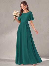 Scoop Neck A-line Chiffon Bridesmaid Dress with Flutter Sleeve & Belt