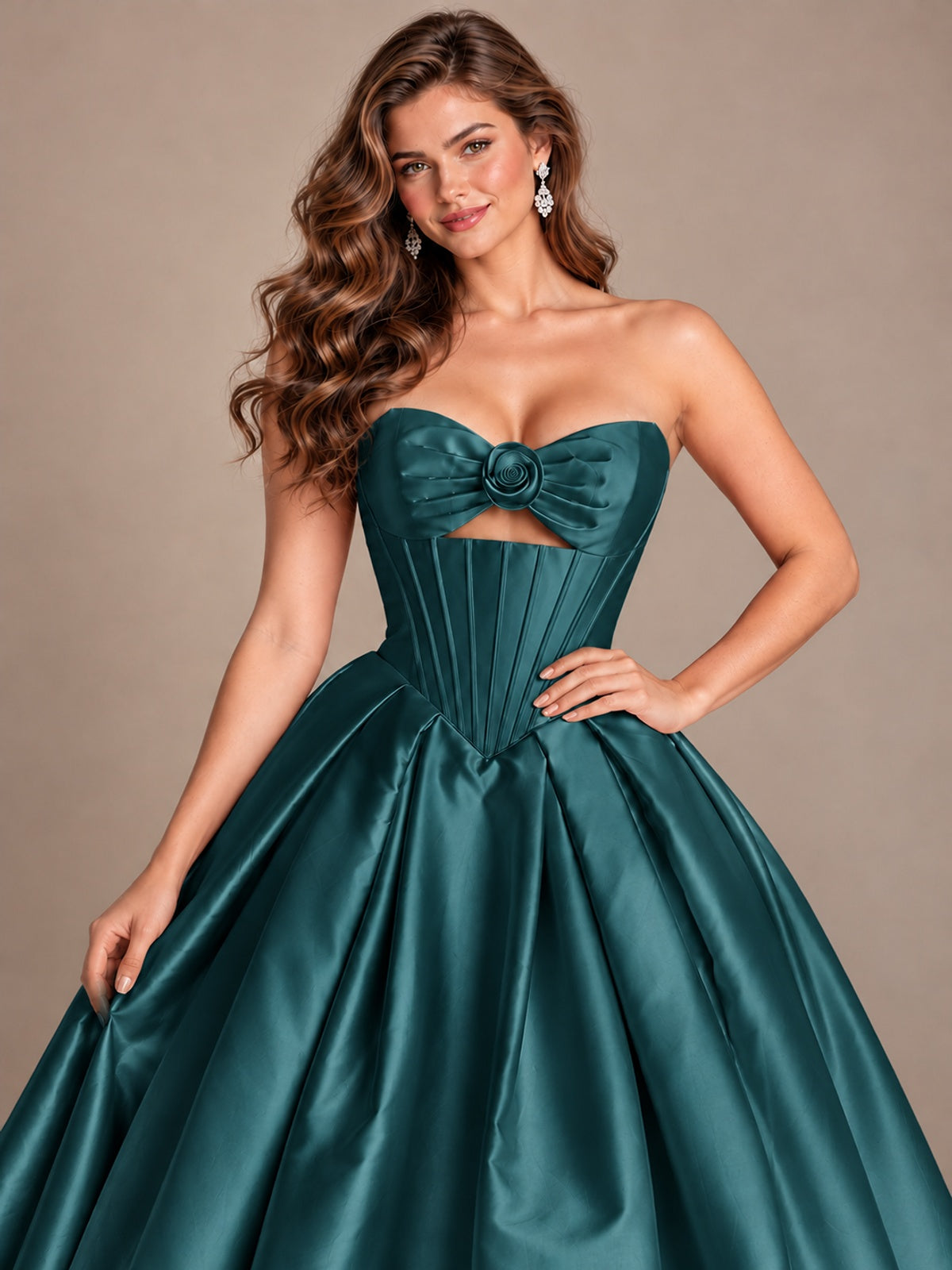 Pink Strapless Corset Satin Prom Derss & Ball Gown with 3D Floral