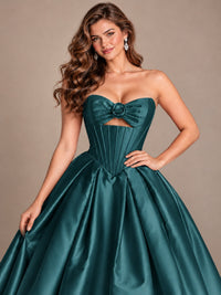 Pink Strapless Corset Satin Prom Derss & Ball Gown with 3D Floral