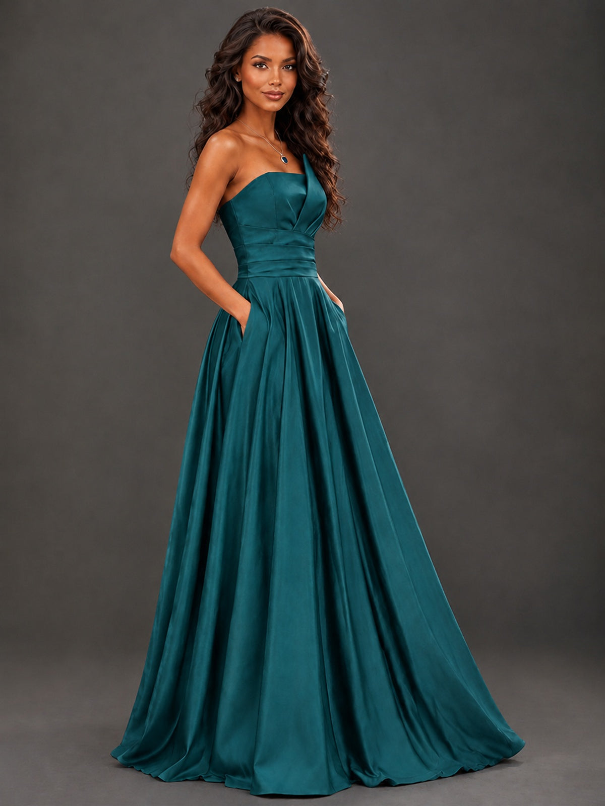 Draped Satin Prom Dress Strapless A-line Formal Dress Floor Length