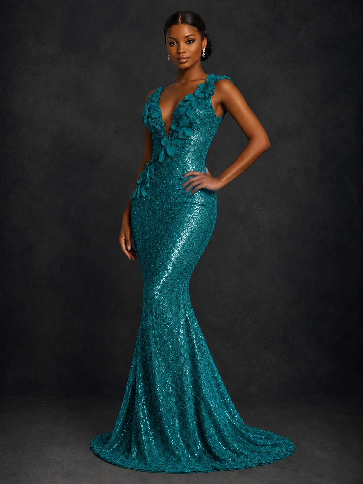 Gold Sequin Floral Applique Mermaid Prom Dress