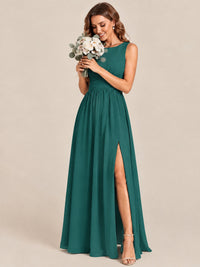 A-line Sleeveless Rucehd Chiffon Bridesmaid Dress with High Slit