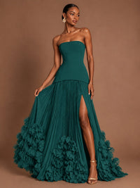 Strapless Pleated Floral Satin Formal Dress with Side Slit