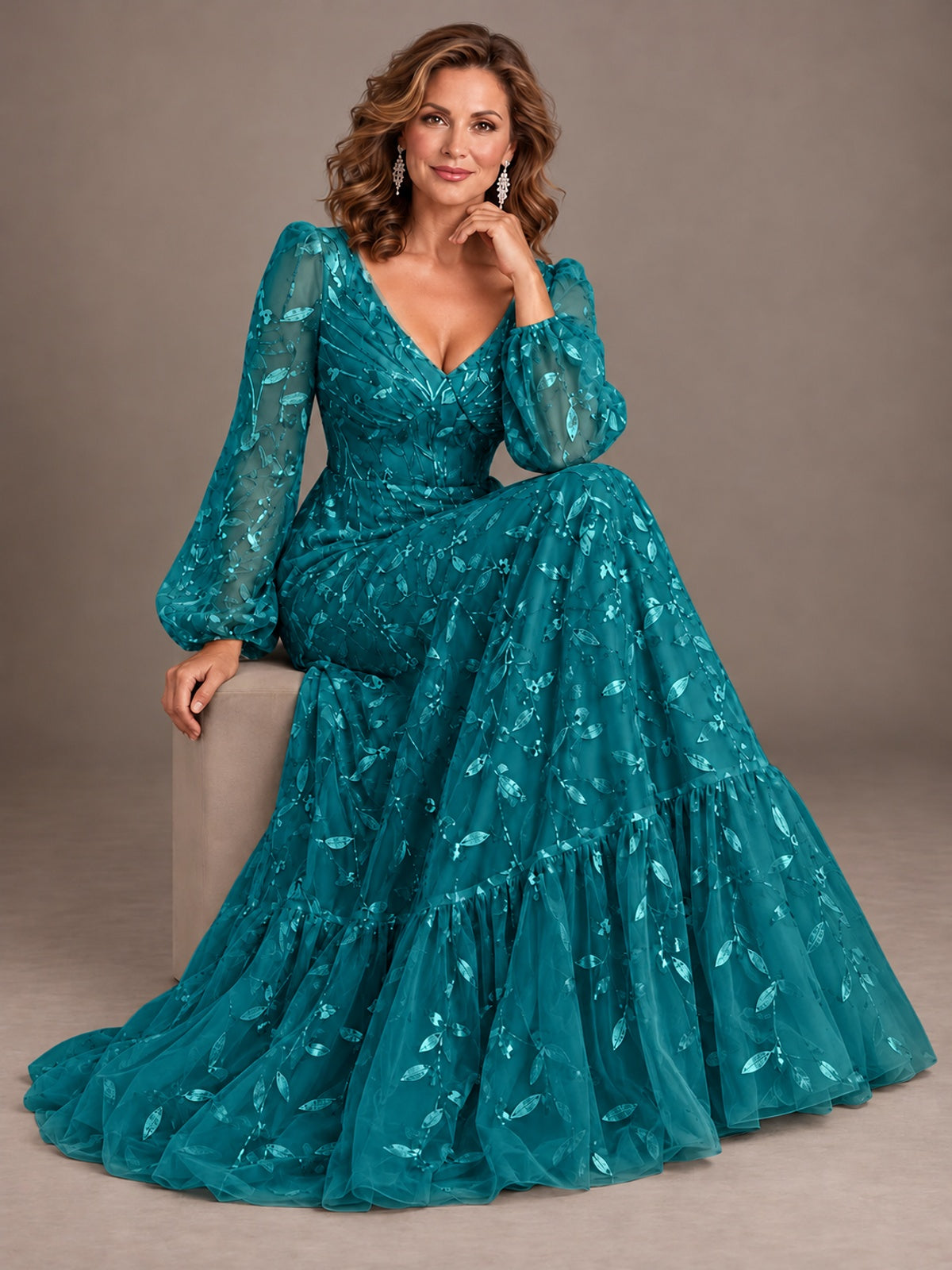 Floral Sequin Embroidered A-Line Mother of the Bride Dress with Long Sleeves