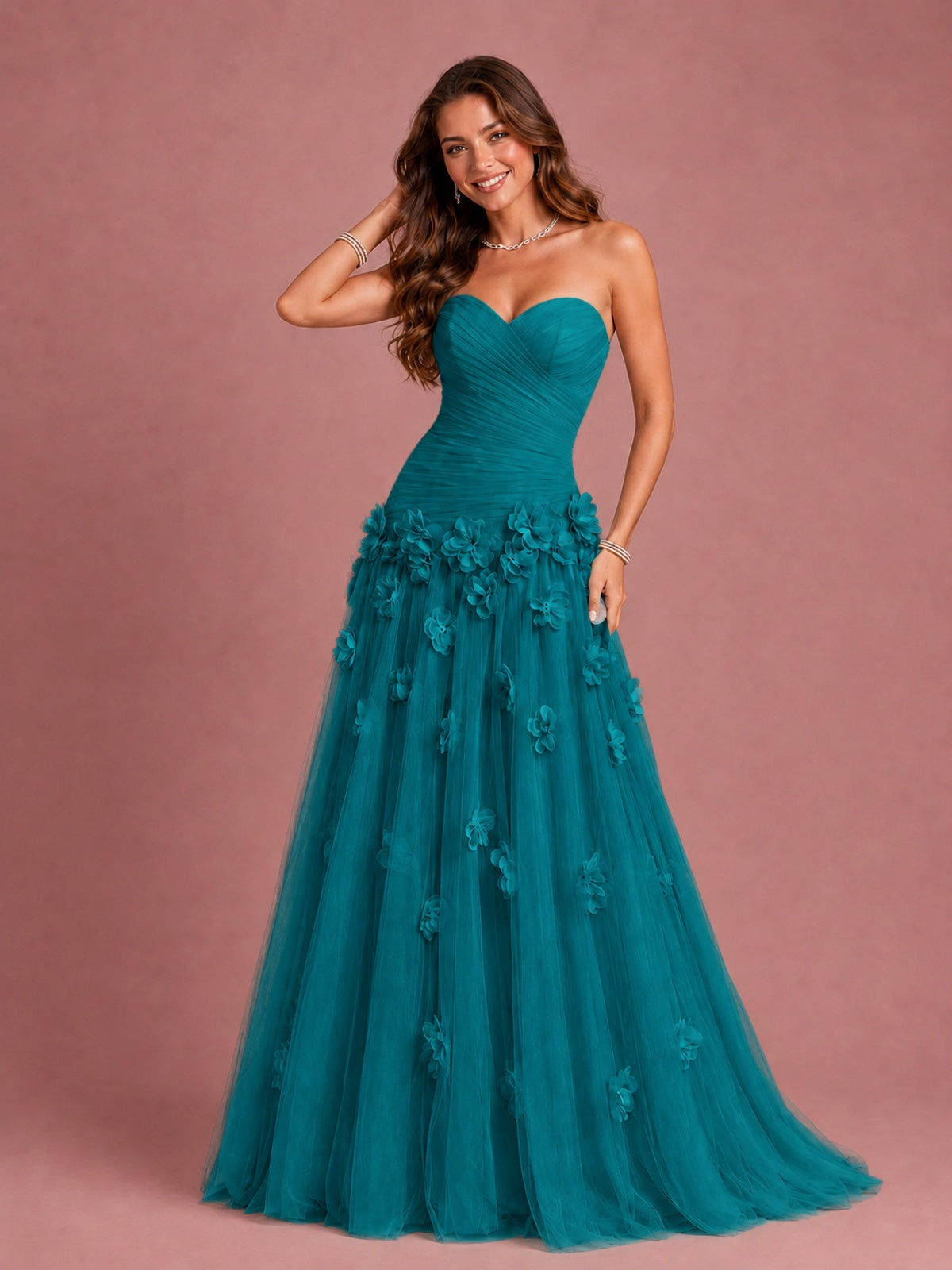 Blush Pink Strapless Sweetheart 3D Floral Tulle Ball Gown Prom Dres