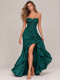 Strapless Lace Appliques Corset Satin Prom Dress Ruffle Slit Evening Gown