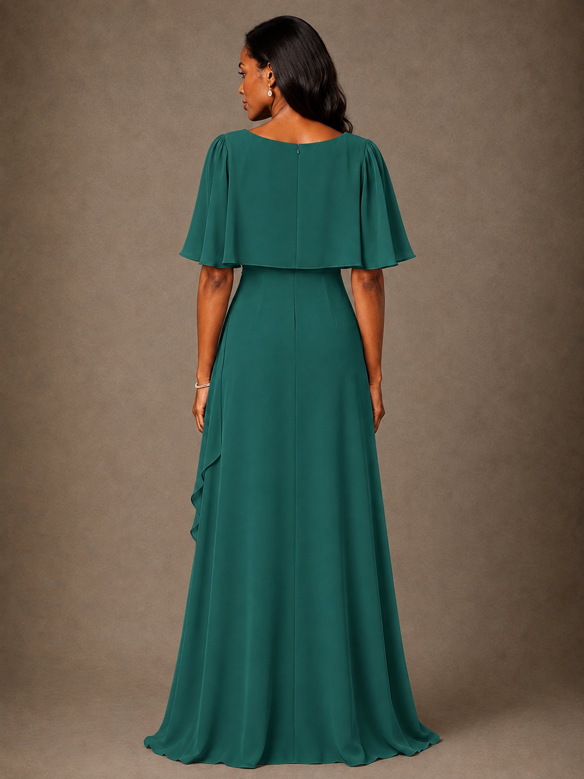 Taupe Chiffon A-Line Mother of the Bride Dress with Cape Sleeves