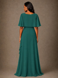 Taupe Chiffon A-Line Mother of the Bride Dress with Cape Sleeves