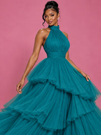 Hot Pink Tulle Halter Neck Tiered Ruffle Maxi Dress