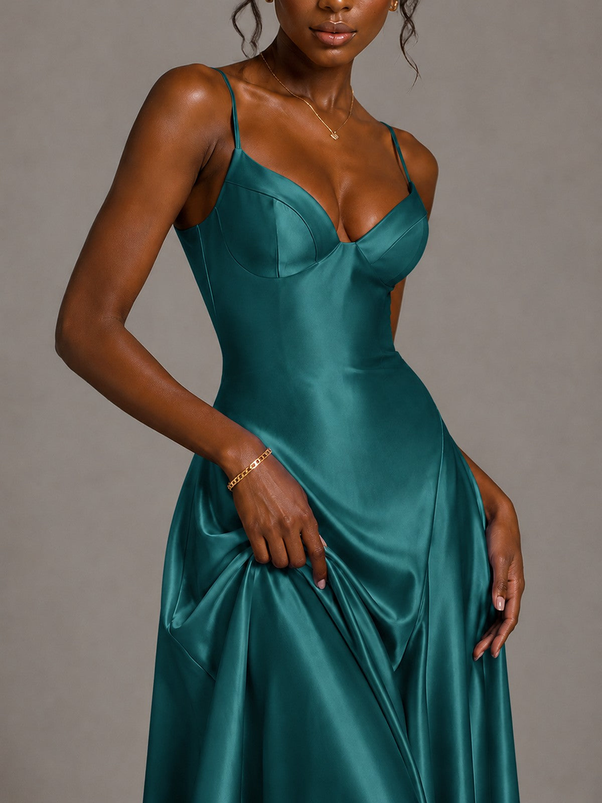 Lavender V Neck Satin Prom Dress with Spaghetti Straps