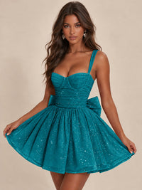 Sweetheart Glitter Tulle Puffy Mini Dress with Bow